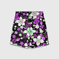Детские шорты Фиолетово-белые цветы на чёрном фоне