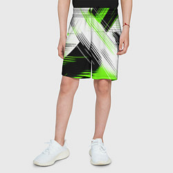 Шорты детские Диагональные бело-зелёные линии на чёрном фоне, цвет: 3D-принт — фото 2