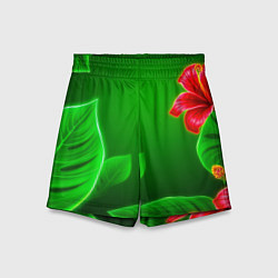 Шорты детские Гибискус на зелёном - неоновые листья, цвет: 3D-принт