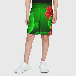 Шорты детские Гибискус на зелёном - неоновые листья, цвет: 3D-принт — фото 2