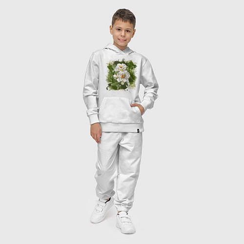 Детский костюм Нежные белые цветы на зелёном акварельном фоне / Белый – фото 4