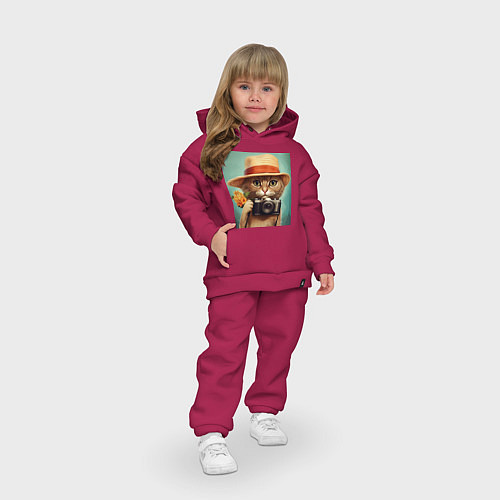 Детский костюм оверсайз Кот в соломенной шляпе с фотоаппаратом / Маджента – фото 3