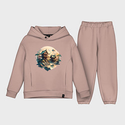 Детский костюм оверсайз Японское святилище в стиле моротай, цвет: пыльно-розовый