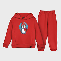 Детский костюм оверсайз Пингвин с новогодним подарком, цвет: красный