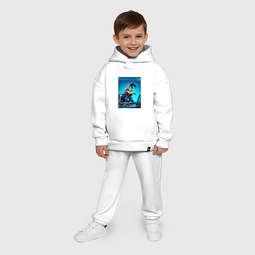 Детский костюм оверсайз Киборг Даффи Дак сидит за ноутом - киберпанк / Белый – фото 4