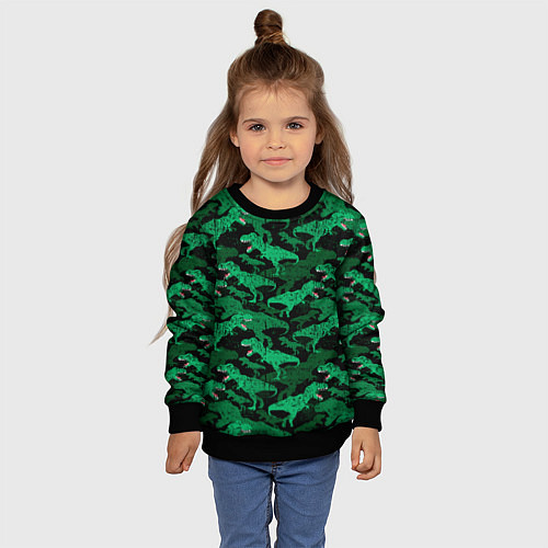Детский свитшот Зелёные тираннозавры - камуфляж / 3D-Черный – фото 4
