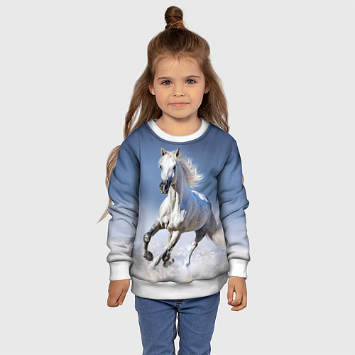 Детский свитшот Белая лошадь скачет по снегу / 3D-Белый – фото 4