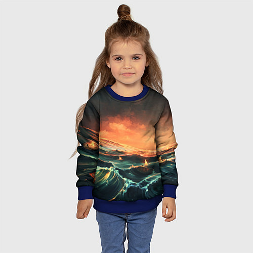 Детский свитшот Фэнтези море корабли закат / 3D-Синий – фото 4