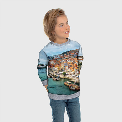 Детский свитшот Порту, оранжевые крыши, лодки / 3D-Меланж – фото 3