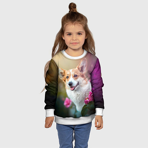 Детский свитшот Корги в розовом кусте / 3D-Белый – фото 4