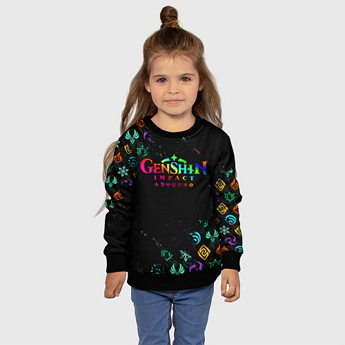 Детский свитшот GENSHIN IMPACT NEON LOGO RAINBOW STYLE, ЭМБЛЕМЫ / 3D-Черный – фото 4