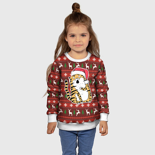Детский свитшот Рождественский удивленный тигр / 3D-Белый – фото 4