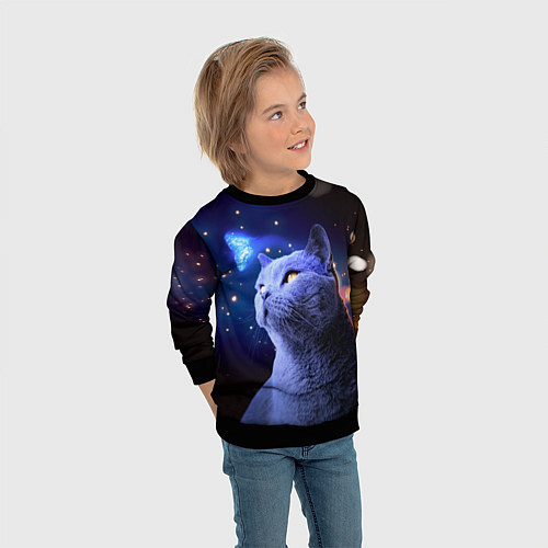 Детский свитшот КОТ И ГОЛУБАЯ БАБОЧКА / 3D-Черный – фото 3