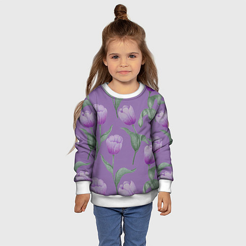 Детский свитшот Фиолетовые тюльпаны с зелеными листьями / 3D-Белый – фото 4
