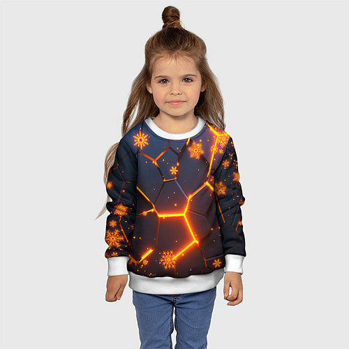 Детский свитшот НОВОГОДНИЕ ОГНЕННЫЕ 3D ПЛИТЫ FIRE NEON HEXAGON / 3D-Белый – фото 4