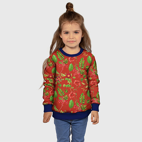 Детский свитшот Паттерн из листьев на красном фоне / 3D-Синий – фото 4
