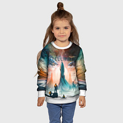 Свитшот детский Stellaris космические корабли на фоне башни, цвет: 3D-белый — фото 2