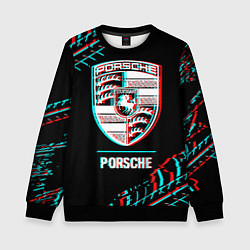 Детский свитшот Значок Porsche в стиле Glitch на темном фоне