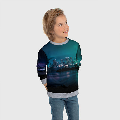 Детский свитшот Неоновый город с рекой - Светло-зелёный / 3D-Меланж – фото 3