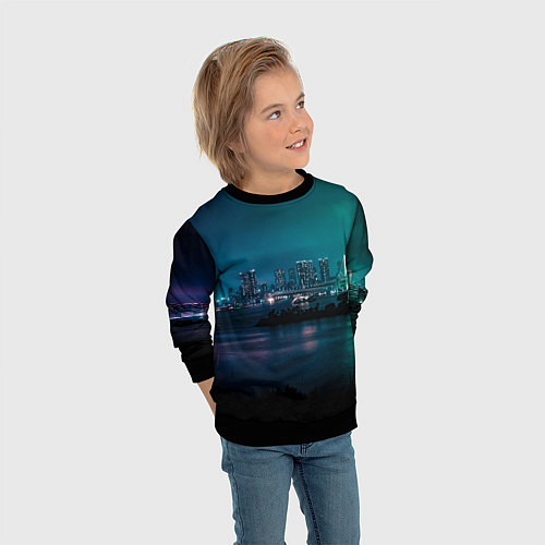 Детский свитшот Неоновый город с рекой - Светло-зелёный / 3D-Черный – фото 3