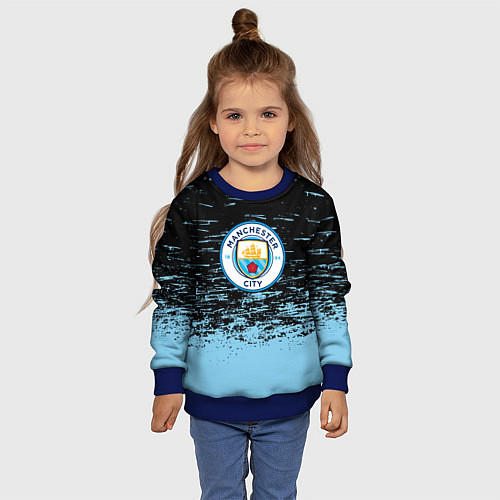 Детский свитшот Манчестер сити голубые брызги на черном фоне / 3D-Синий – фото 4