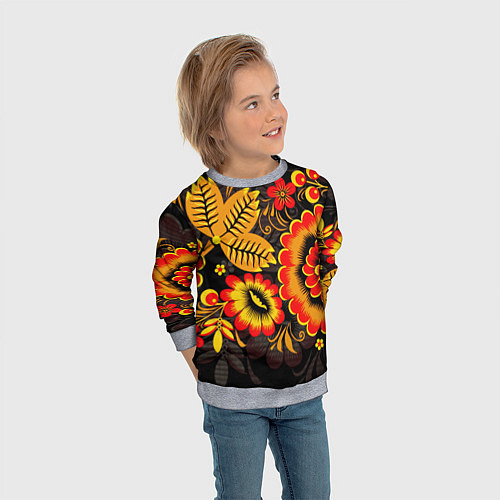 Детский свитшот Хохломская Роспись Цветы На Тёмном Фоне / 3D-Меланж – фото 3