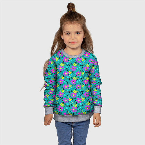 Детский свитшот Яркий цветочный узор на бирюзовом фоне / 3D-Меланж – фото 4