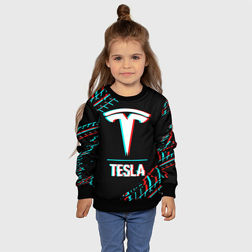 Детский свитшот Значок Tesla в стиле Glitch на темном фоне / 3D-Черный – фото 4