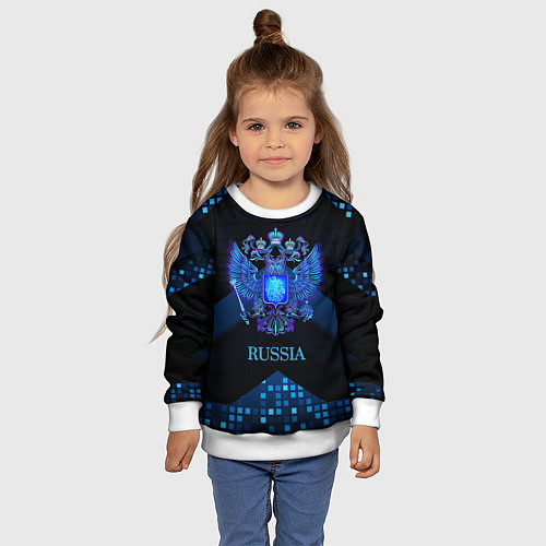 Детский свитшот Синий неоновый герб России / 3D-Белый – фото 4