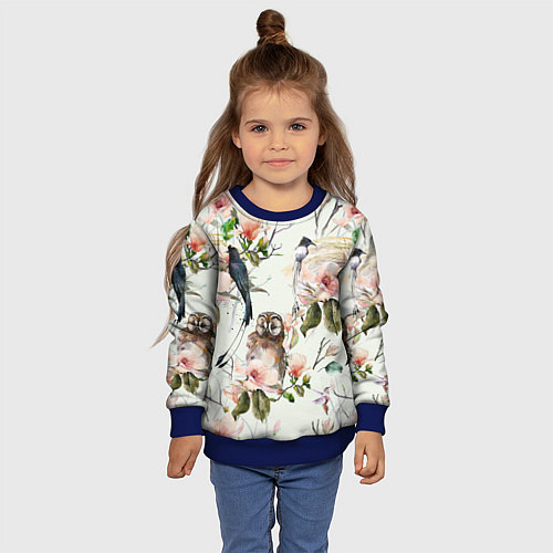 Детский свитшот Цветы Нарисованные Магнолии и Птицы / 3D-Синий – фото 4
