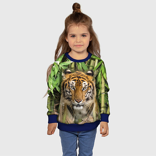 Детский свитшот Матёрый тигр в зарослях бамбука / 3D-Синий – фото 4