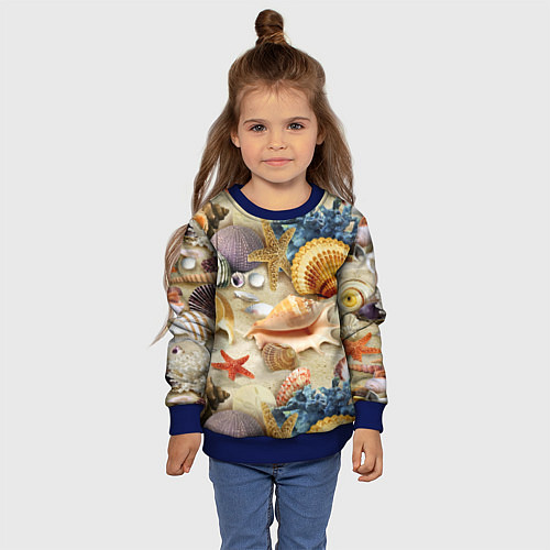 Детский свитшот Морские раковины, кораллы, морские звёзды на песке / 3D-Синий – фото 4