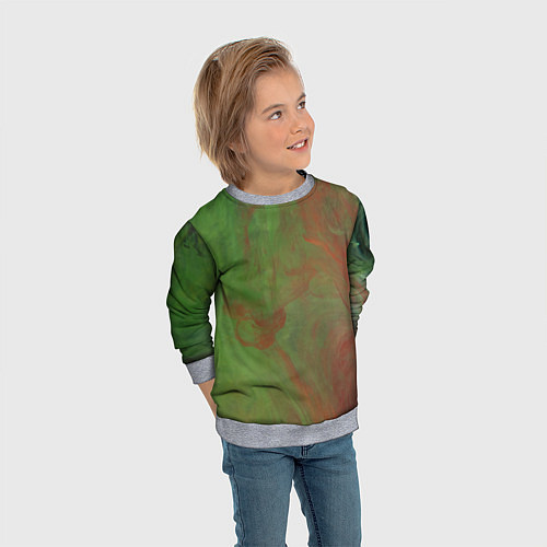 Детский свитшот Зелёные и красные волны красок / 3D-Меланж – фото 3