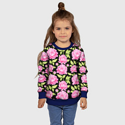 Свитшот детский Розовые пионы на черном, цвет: 3D-синий — фото 2