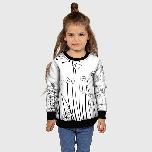 Детский свитшот Цветочный черно-белый орнамент / 3D-Черный – фото 4