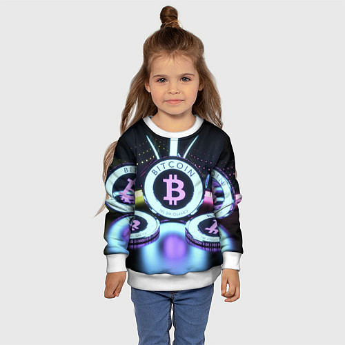 Детский свитшот Неоновый светящийся биткоин / 3D-Белый – фото 4