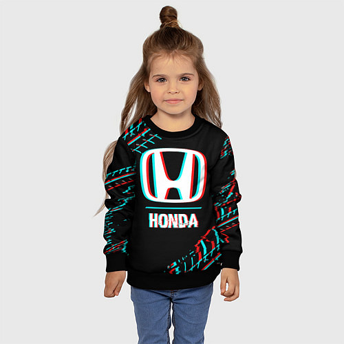 Детский свитшот Значок Honda в стиле glitch на темном фоне / 3D-Черный – фото 4