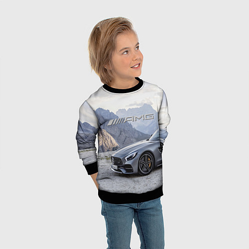 Детский свитшот Mercedes AMG V8 Biturbo cabriolet - mountains / 3D-Черный – фото 3