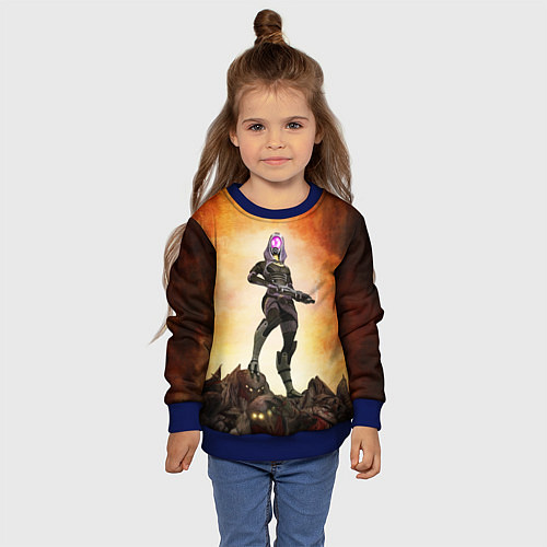 Детский свитшот Кварианка стоит на горе трупов в свете огня / 3D-Синий – фото 4