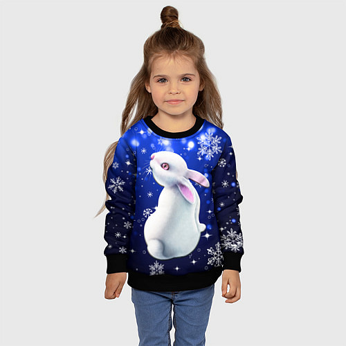 Детский свитшот Белый кролик в снежинках / 3D-Черный – фото 4