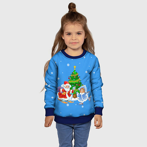 Детский свитшот Дед Мороз, Снегурочка и елка / 3D-Синий – фото 4