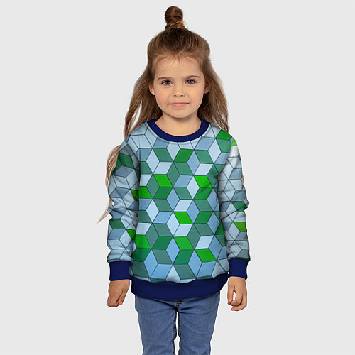 Детский свитшот Зелёные и серые абстрактные кубы с оптической иллю / 3D-Синий – фото 4