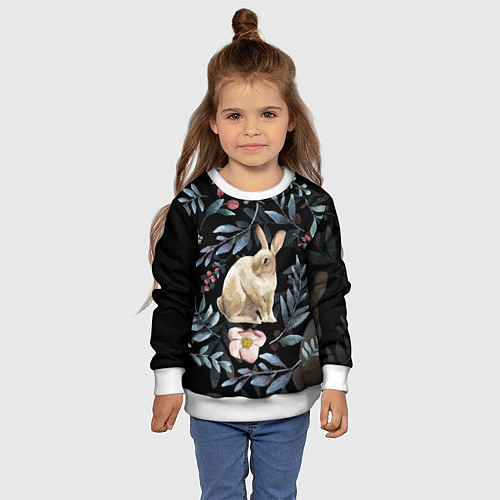 Детский свитшот Новогодний кролик - Веточки и цветочки / 3D-Белый – фото 4