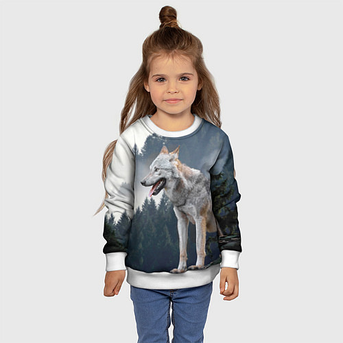 Детский свитшот Волк на фоне леса / 3D-Белый – фото 4