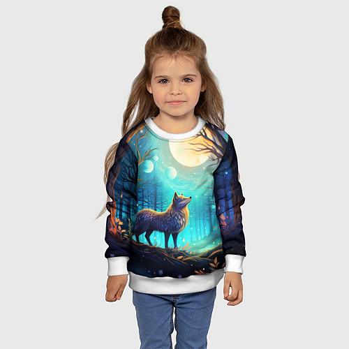 Детский свитшот Волк в ночном лесу в folk art стиле / 3D-Белый – фото 4