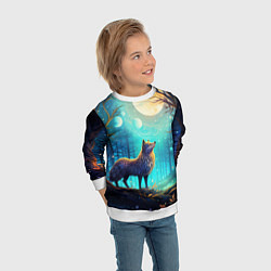 Свитшот детский Волк в ночном лесу в folk art стиле, цвет: 3D-белый — фото 2