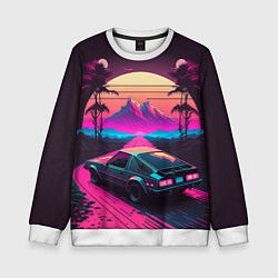 Свитшот детский Synthwave car and mountains, цвет: 3D-белый