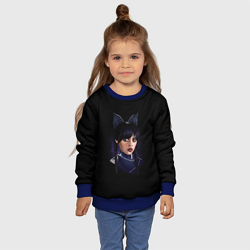 Детский свитшот Wednesday чёрная кошка / 3D-Синий – фото 4