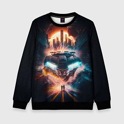 Детский свитшот Летающий автомобиль над городом будущего