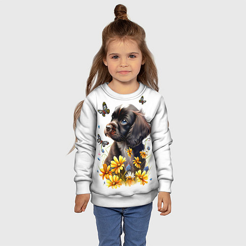 Детский свитшот Черный щенок и жёлтые полевые цветы / 3D-Белый – фото 4